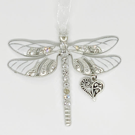 Dragonfly Heart Charm Ornament - White Keepsake Ornament, Mama and mini, Mothers First Christmas, Awareness Ornament