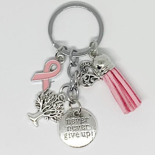 Breast Cancer Pink Awareness Ribbon Never Give Up Keychain Breast Cancer Keychain