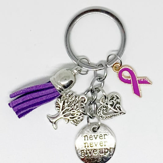 Purple Awareness Ribbon Never Give Up Keychain Rett syndrome, Epilepsy, Lupus, Sjorgren's Syndrome, Chiari Malformation, Alzheimer's