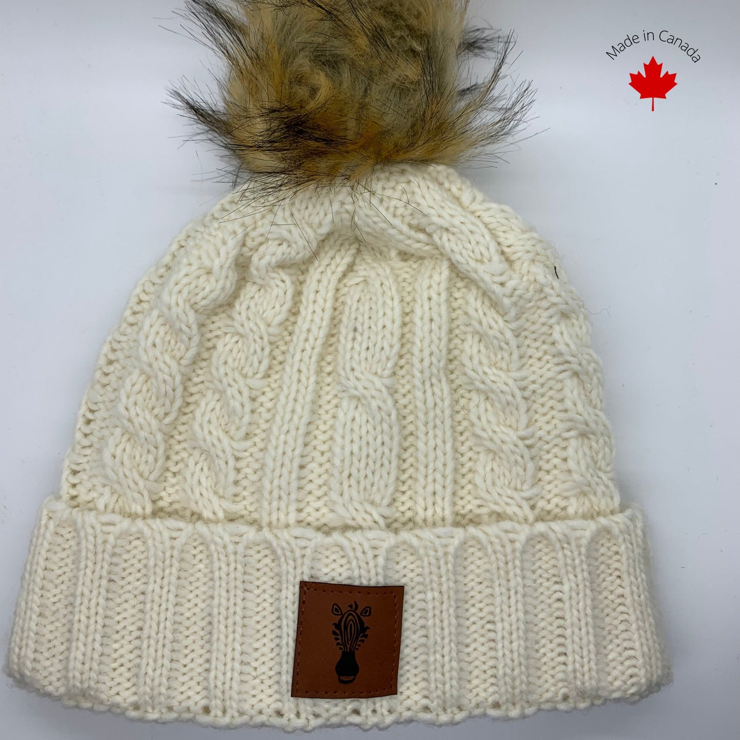 Women's Faux Fur Pom Pom  Natural Wool Beanie with Alpaca wool blend hat