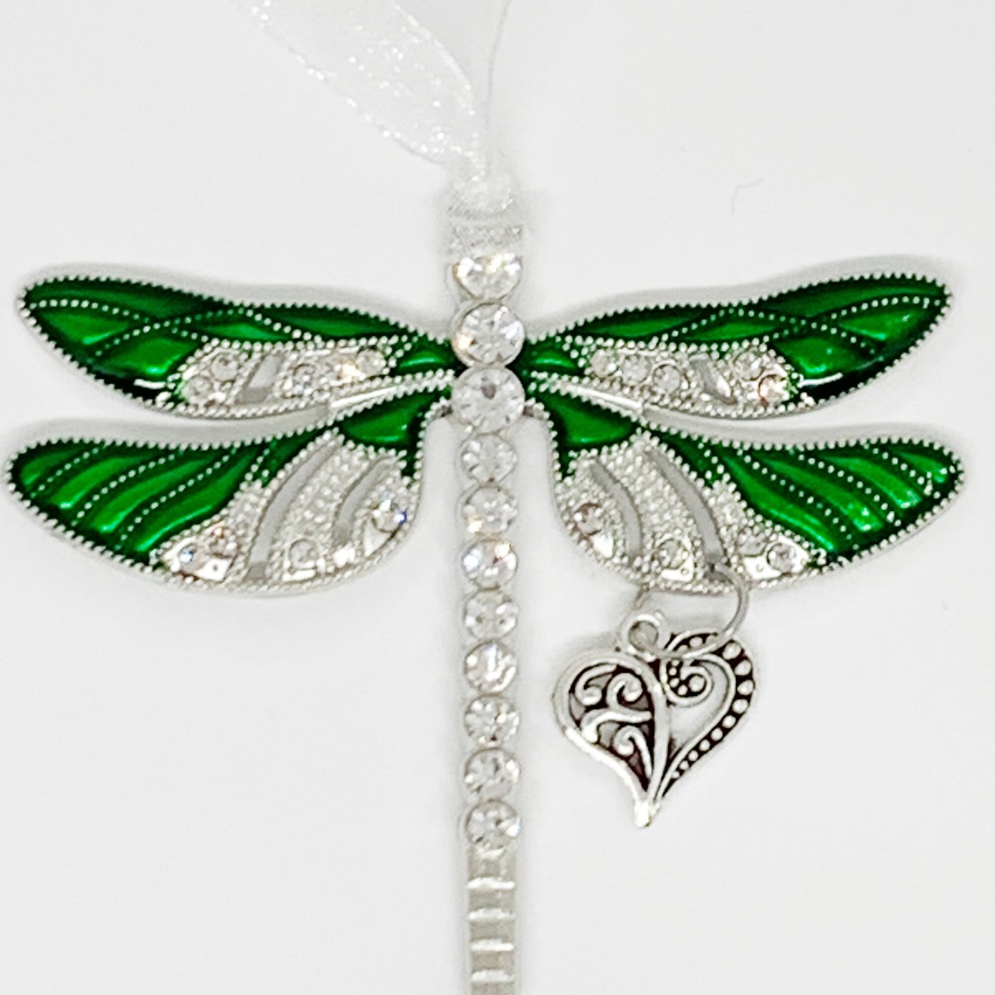 Dragonfly Heart Charm Pendant- Green Keepsake Ornament, Mama and mini, Mothers First Christmas, Awareness Ornament