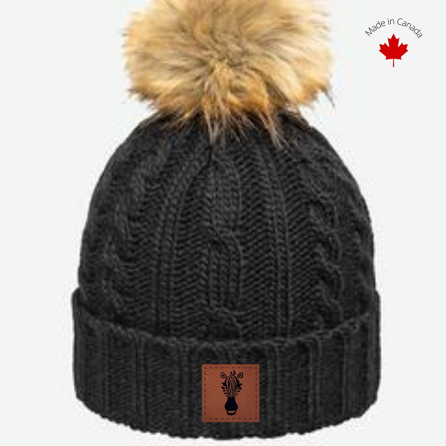 Women's Faux Fur Pom Pom  Black Wool Beanie with Alpaca wool blend hat