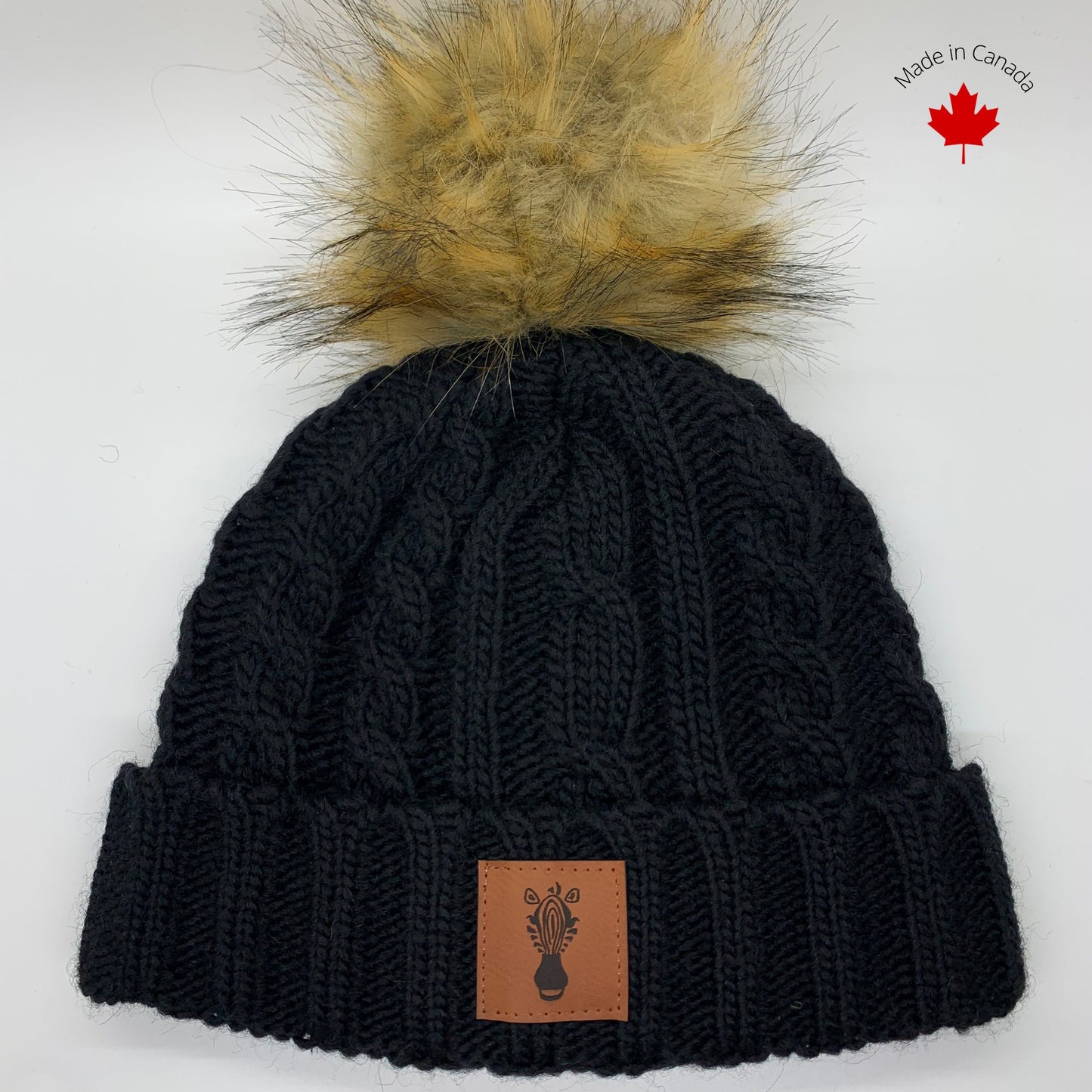 Women's Faux Fur Pom Pom  Black Wool Beanie with Alpaca wool blend hat