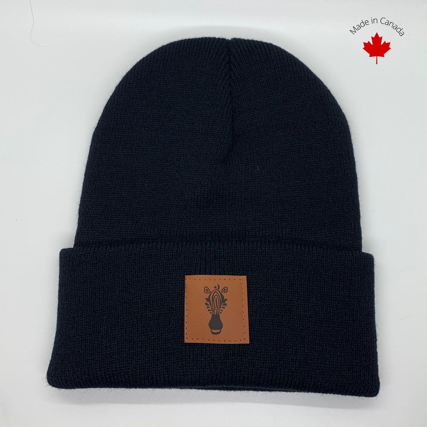 Black Beanie with Faux Leather Patch Slouch Beanie