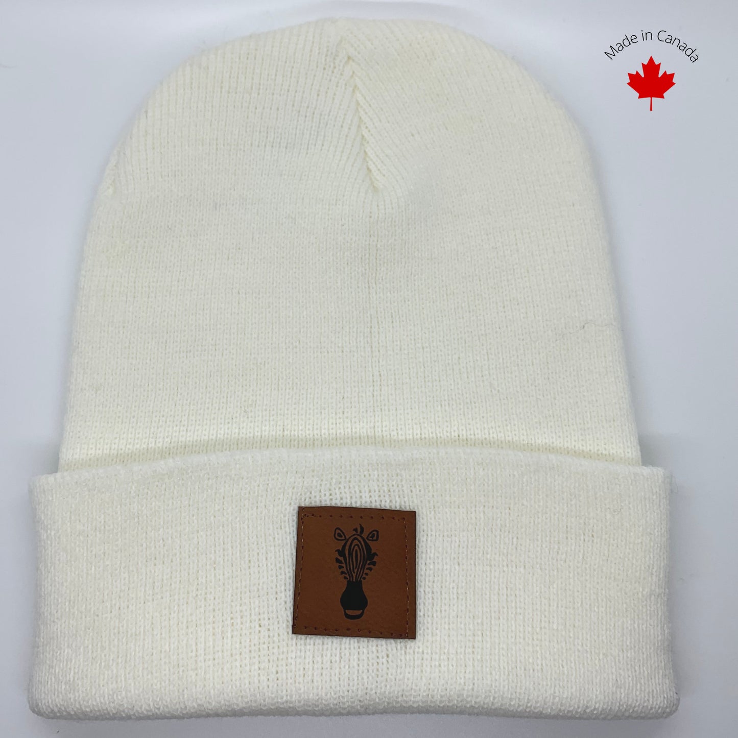 White Beanie with Faux Leather Patch Slouch Beanie