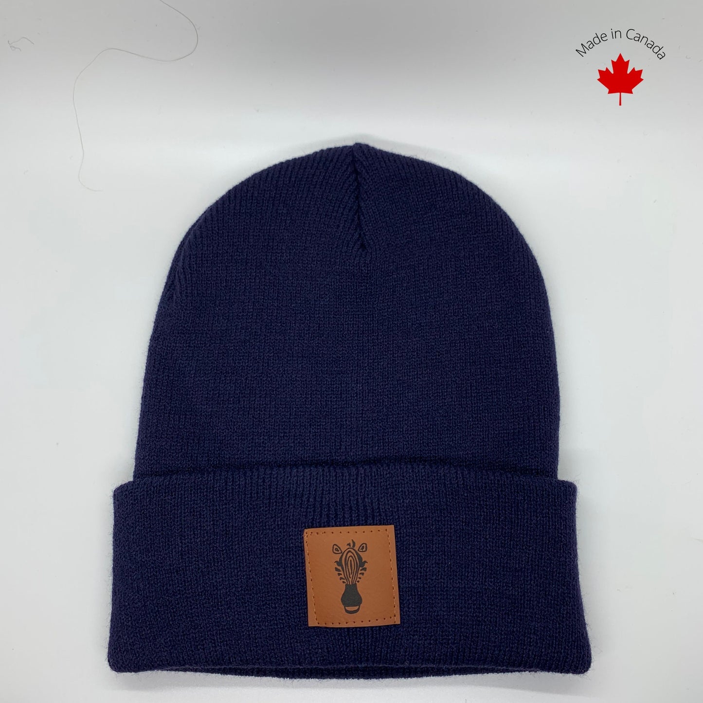 Navy  Beanie with Faux Leather Patch Slouch Beanie