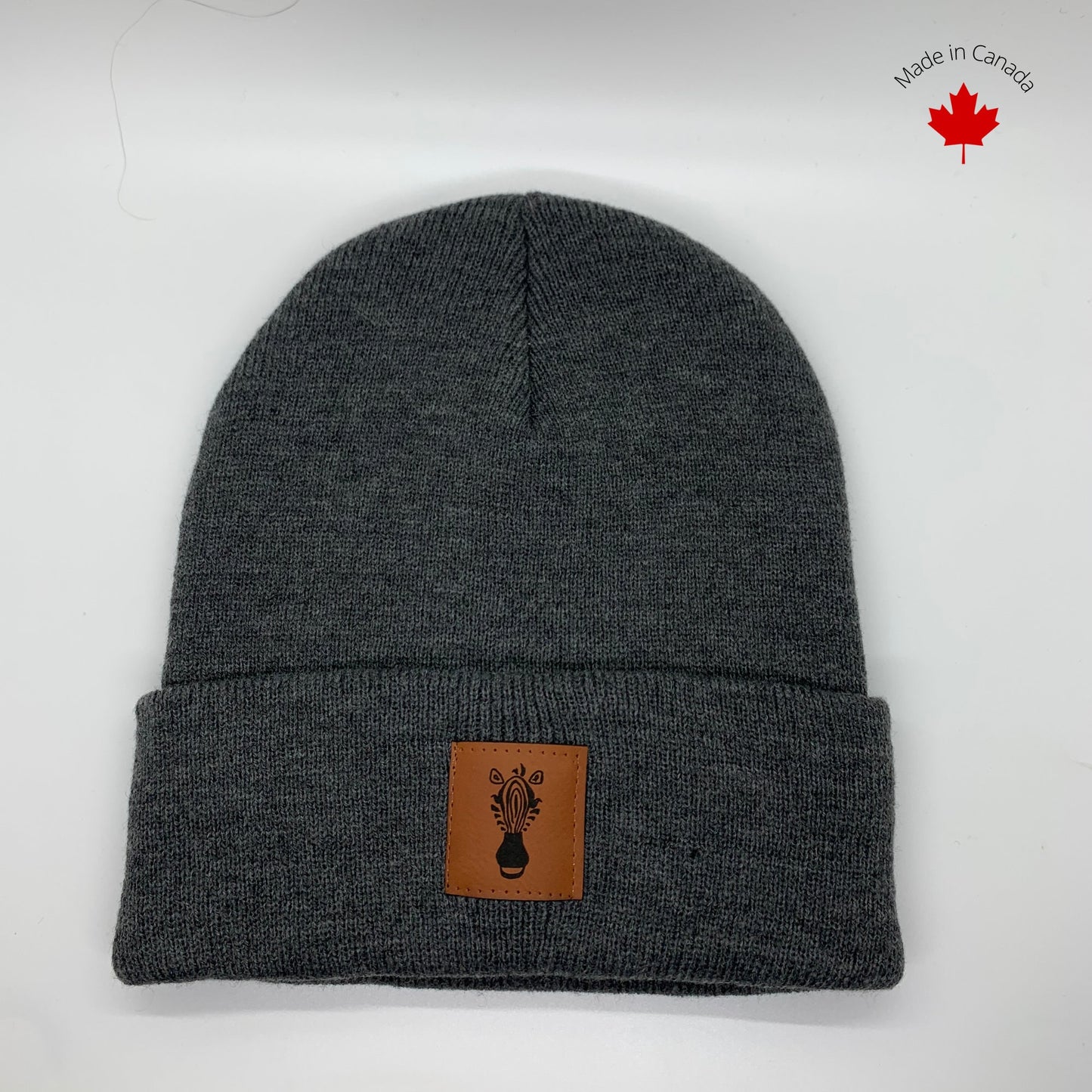 Charcoal Grey Beanie with Faux Leather Patch Slouch Beanie