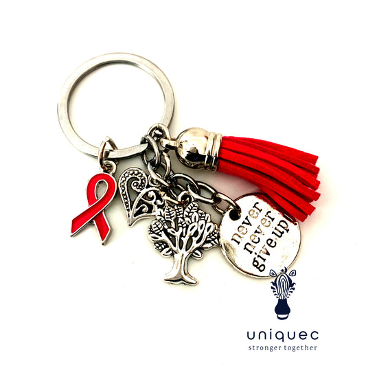 Red Awareness Ribbon Never Give Up Keychain Multiple Sclerosis, Sickle Cell Anemia, HIV, Aids, Heart Disease