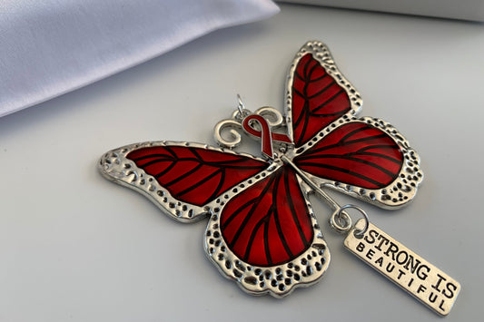 Red Butterfly Awareness Pendant,  Strong is Beautiful Memorial Ornament, Keychain, Rear View Mirror Accessory, Warrior Gift,