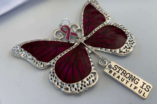 Purple  Butterfly Awareness Pendant,  Strong is Beautiful Memorial Ornament, Keychain, Rear View Mirror Accessory, Warrior Gift,