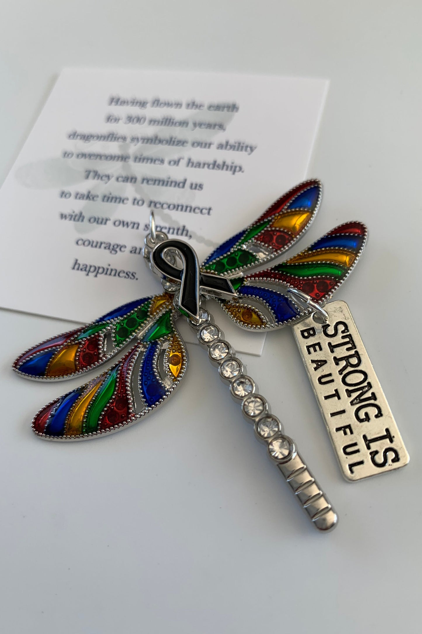 Rainbow Dragonfly Awareness Pendant, Strong is Beautiful