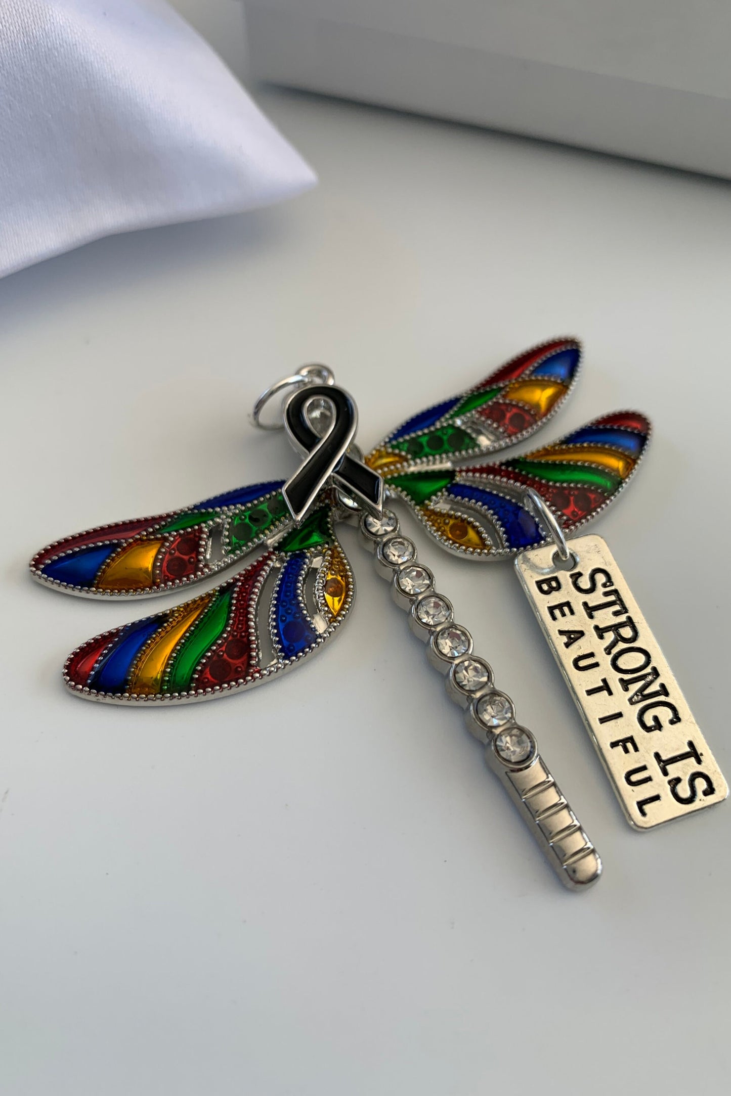 Rainbow Dragonfly Awareness Pendant, Strong is Beautiful