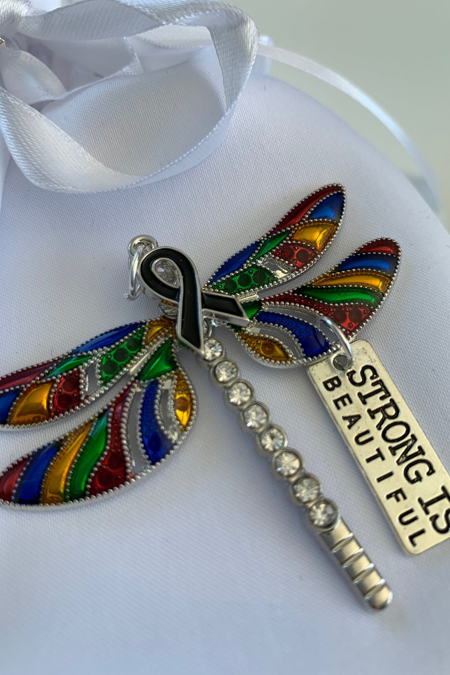 Rainbow Dragonfly Awareness Pendant, Strong is Beautiful