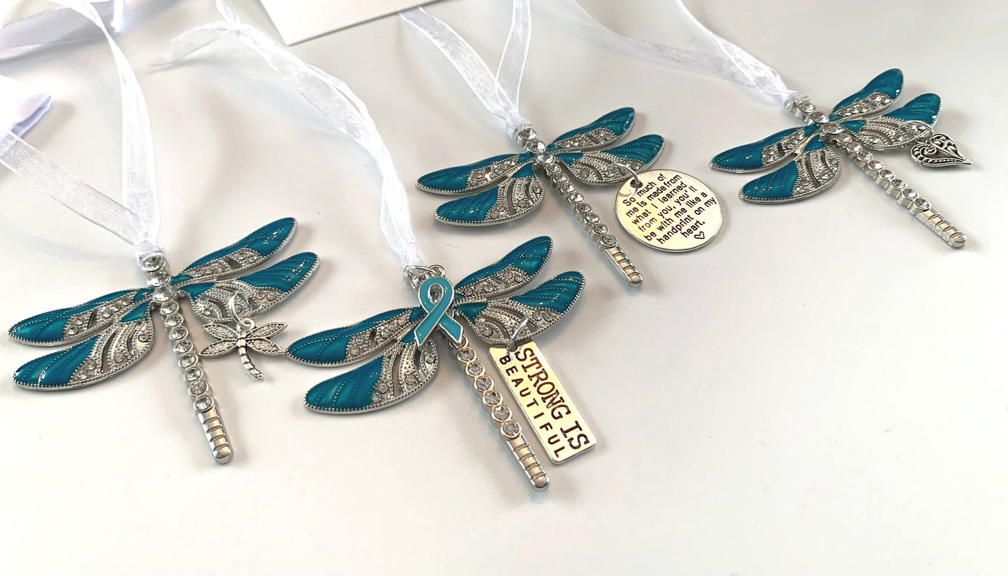 Teal Dragonfly and Baby , Keychain, Rear View Mirror Accessory, Warrior Gift, love, Gift