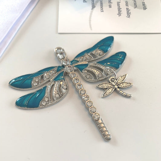 Teal Dragonfly and Baby , Keychain, Rear View Mirror Accessory, Warrior Gift, love, Gift