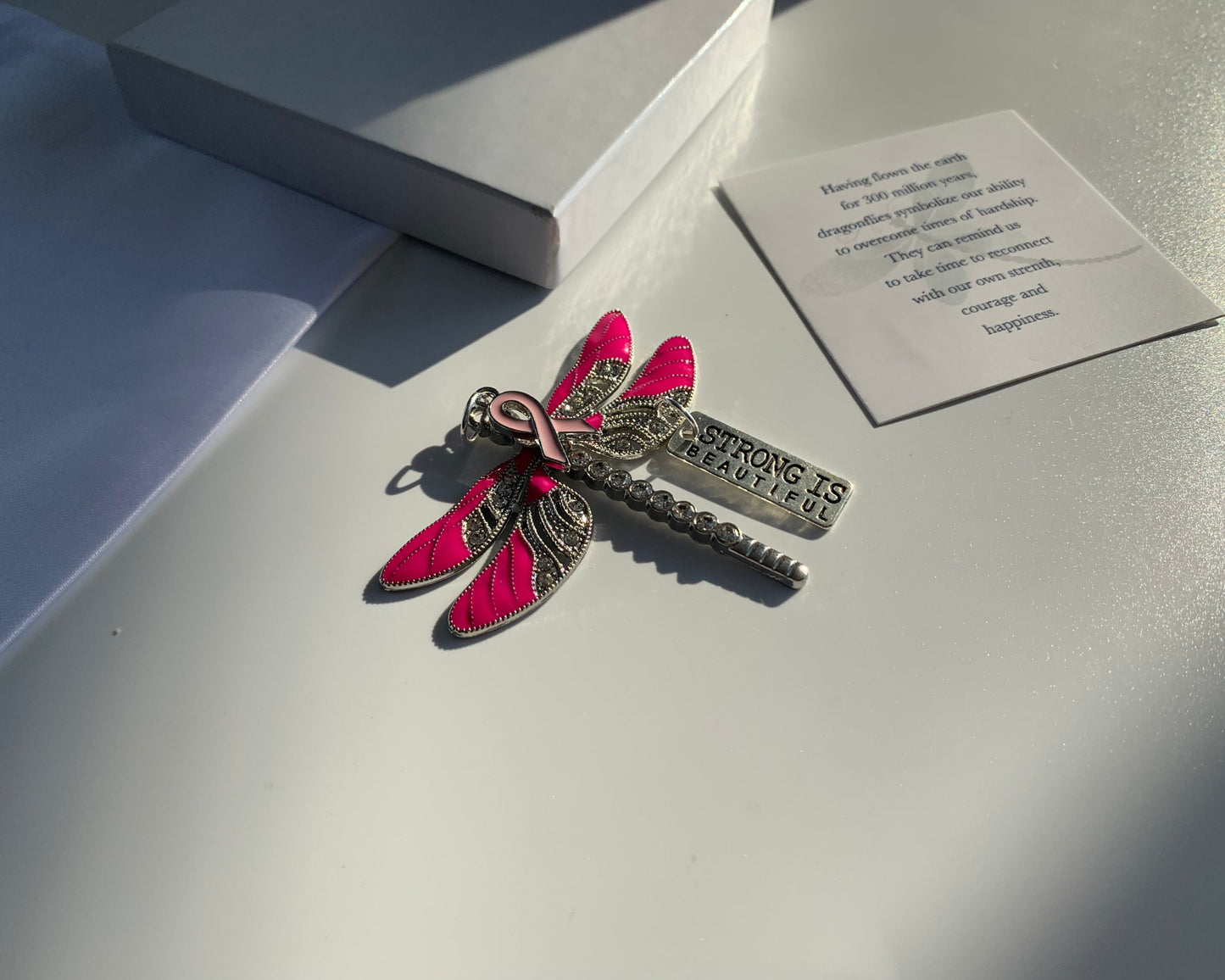 Pink Dragonfly Awareness Pendant,  Strong is Beautiful Memorial Ornament, Breast Cancer Keychain, Rear View Mirror Accessory, Warrior Gift,