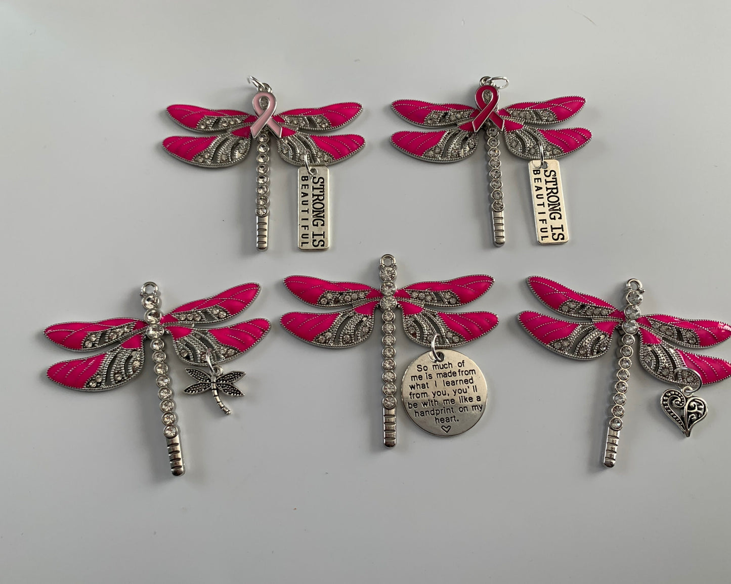 Pink Dragonfly Awareness Pendant,  Strong is Beautiful Memorial Ornament, Breast Cancer Keychain, Rear View Mirror Accessory, Warrior Gift,