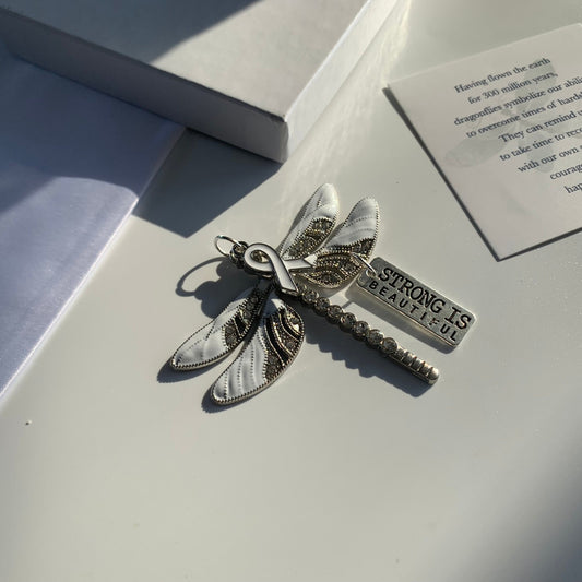 White Dragonfly Awareness Pendant,  Strong is Beautiful Memorial Ornament, Keychain, Rear View Mirror Accessory, Warrior Gift,