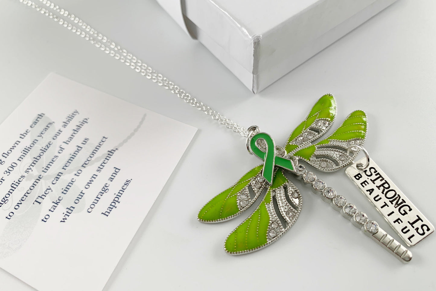 Lime Dragonfly Awareness Pendant, Strong is Beautiful