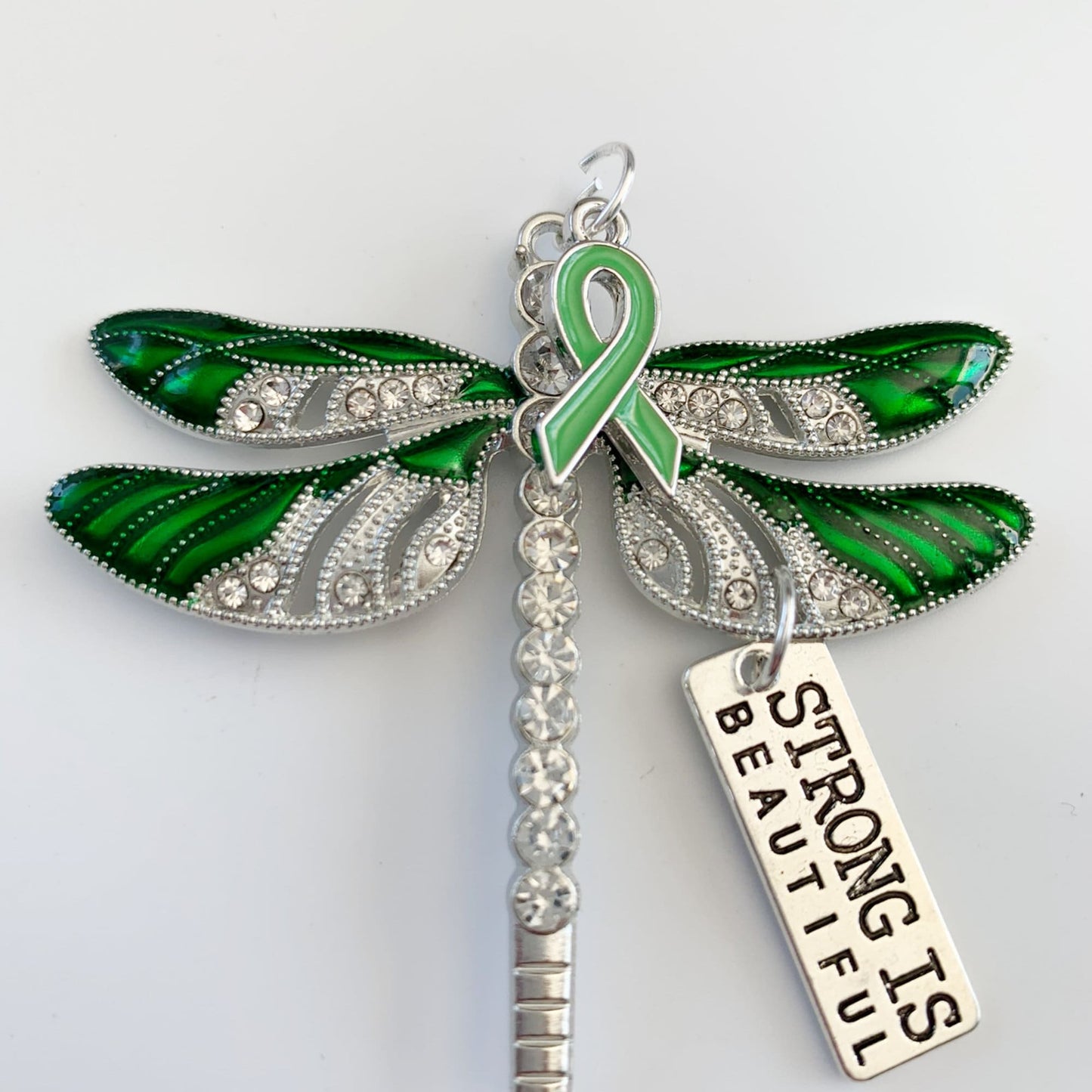 Green Dragonfly Awareness Pendant,  Strong is Beautiful