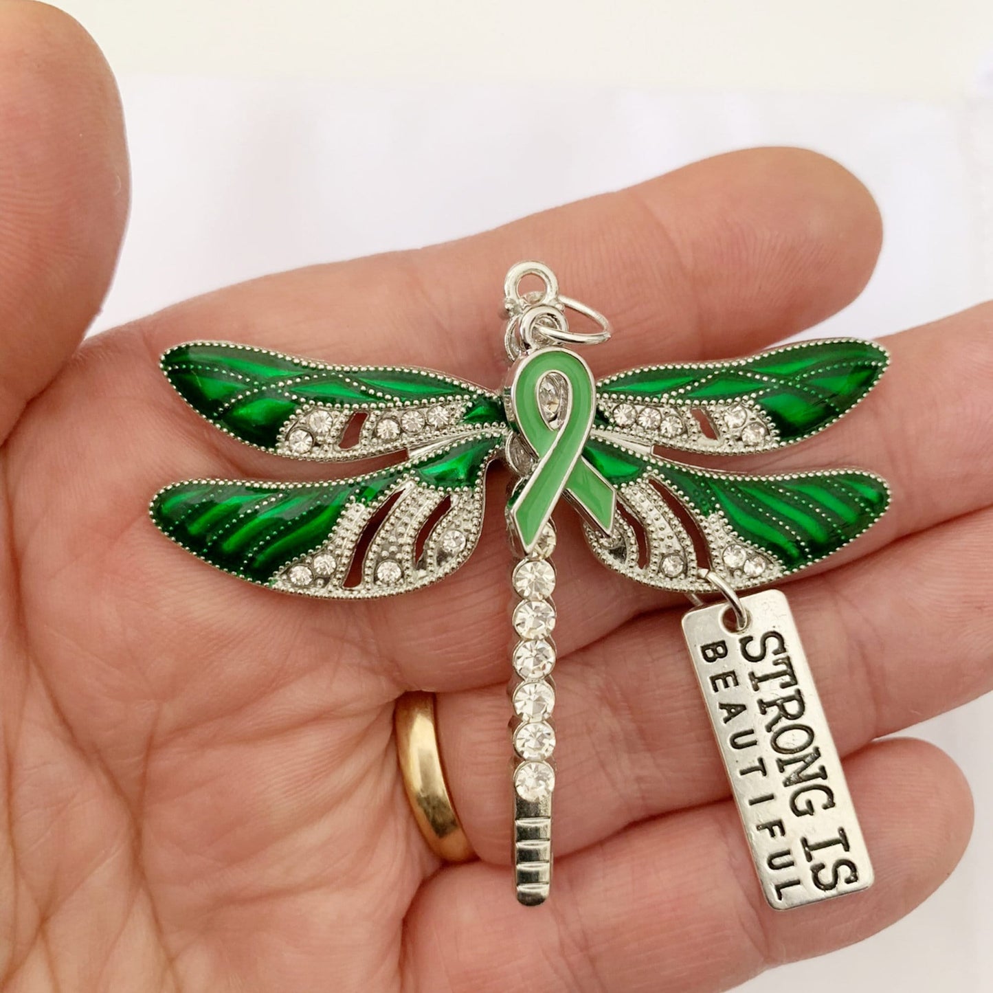 Green Dragonfly Awareness Pendant,  Strong is Beautiful