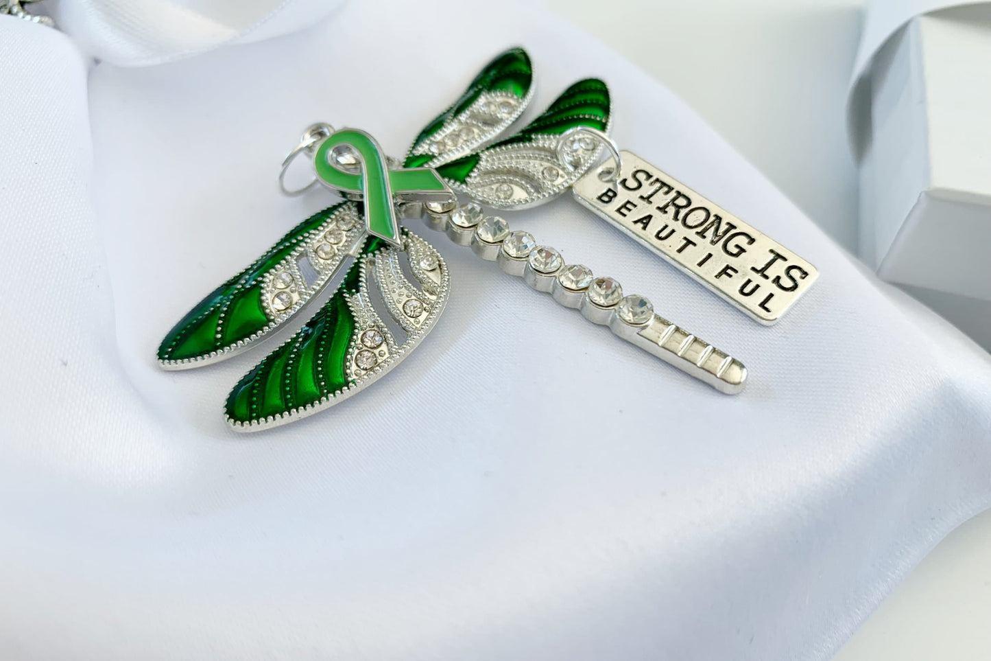 Green Dragonfly Awareness Pendant,  Strong is Beautiful