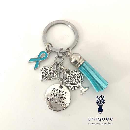 Teal Awareness Ribbon Never Give Up Keychain Sexual Abuse Awareness,  Battens Disease, Fragile X Syndrome