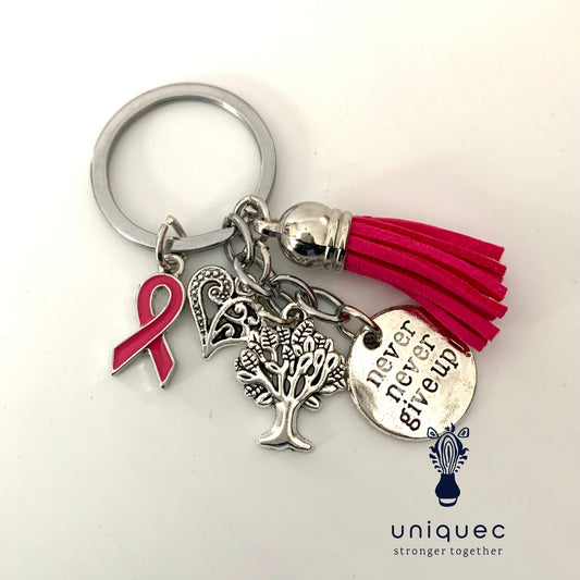 Bright Pink Awareness Ribbon Never Give Up Keychain