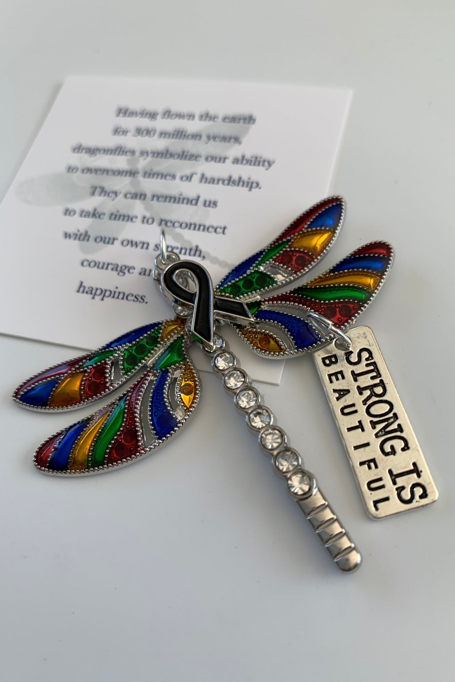 Rainbow Dragonfly Awareness Pendant, Strong is Beautiful