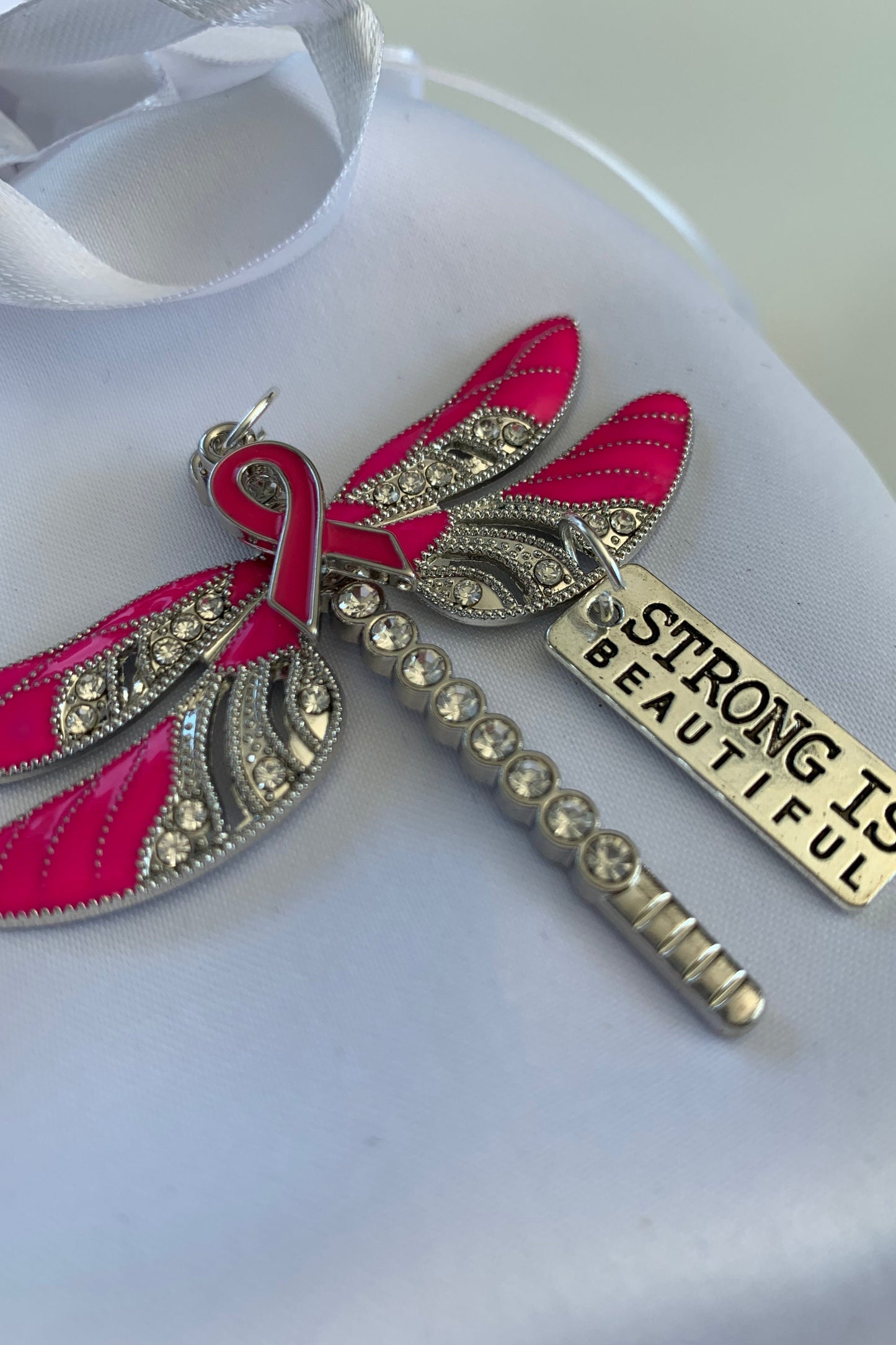 Pink Dragonfly Awareness Pendant,  Strong is Beautiful Memorial Ornament, Breast Cancer Keychain, Rear View Mirror Accessory, Warrior Gift,