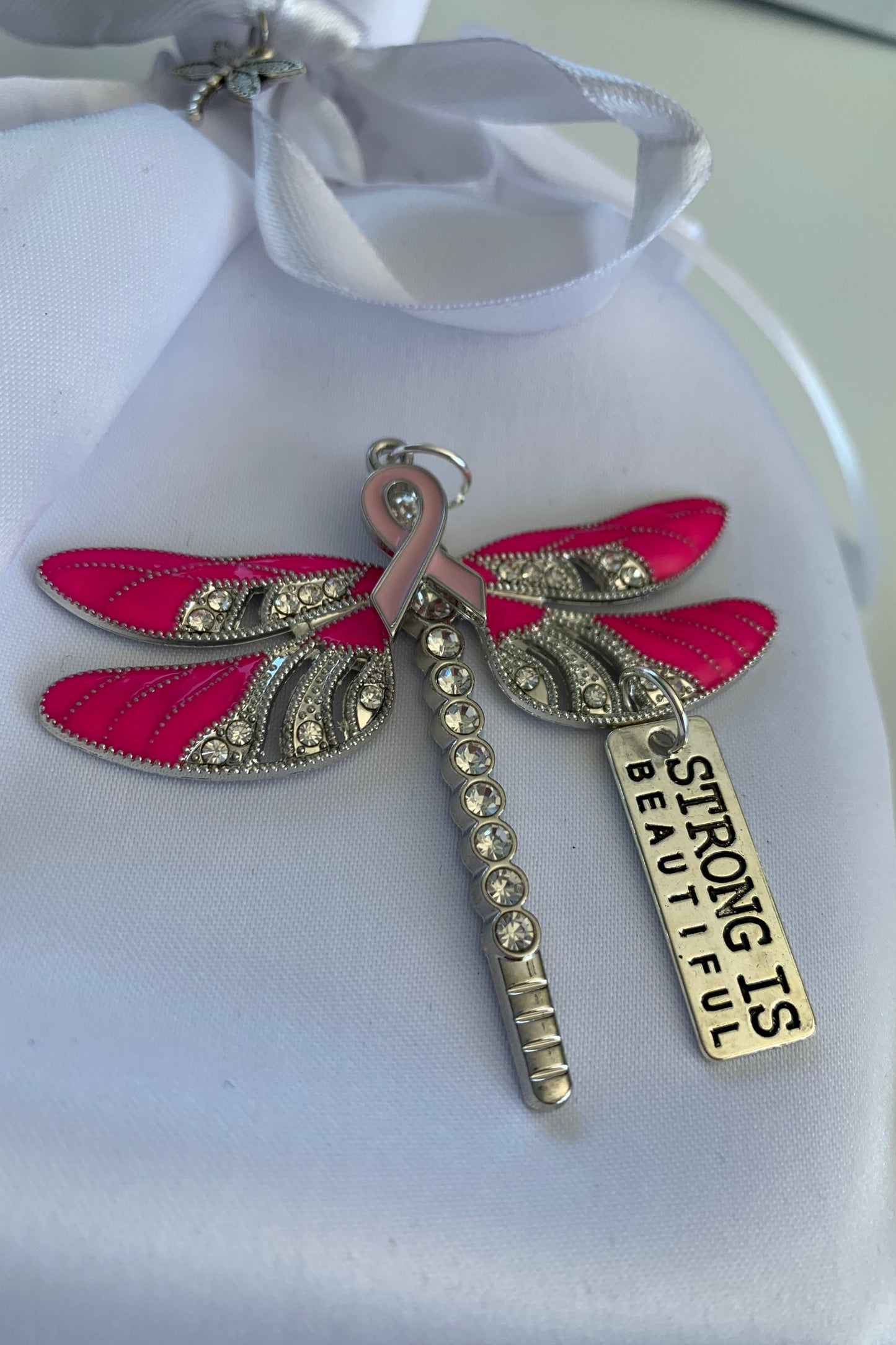 Pink Dragonfly Awareness Pendant,  Strong is Beautiful Memorial Ornament, Breast Cancer Keychain, Rear View Mirror Accessory, Warrior Gift,