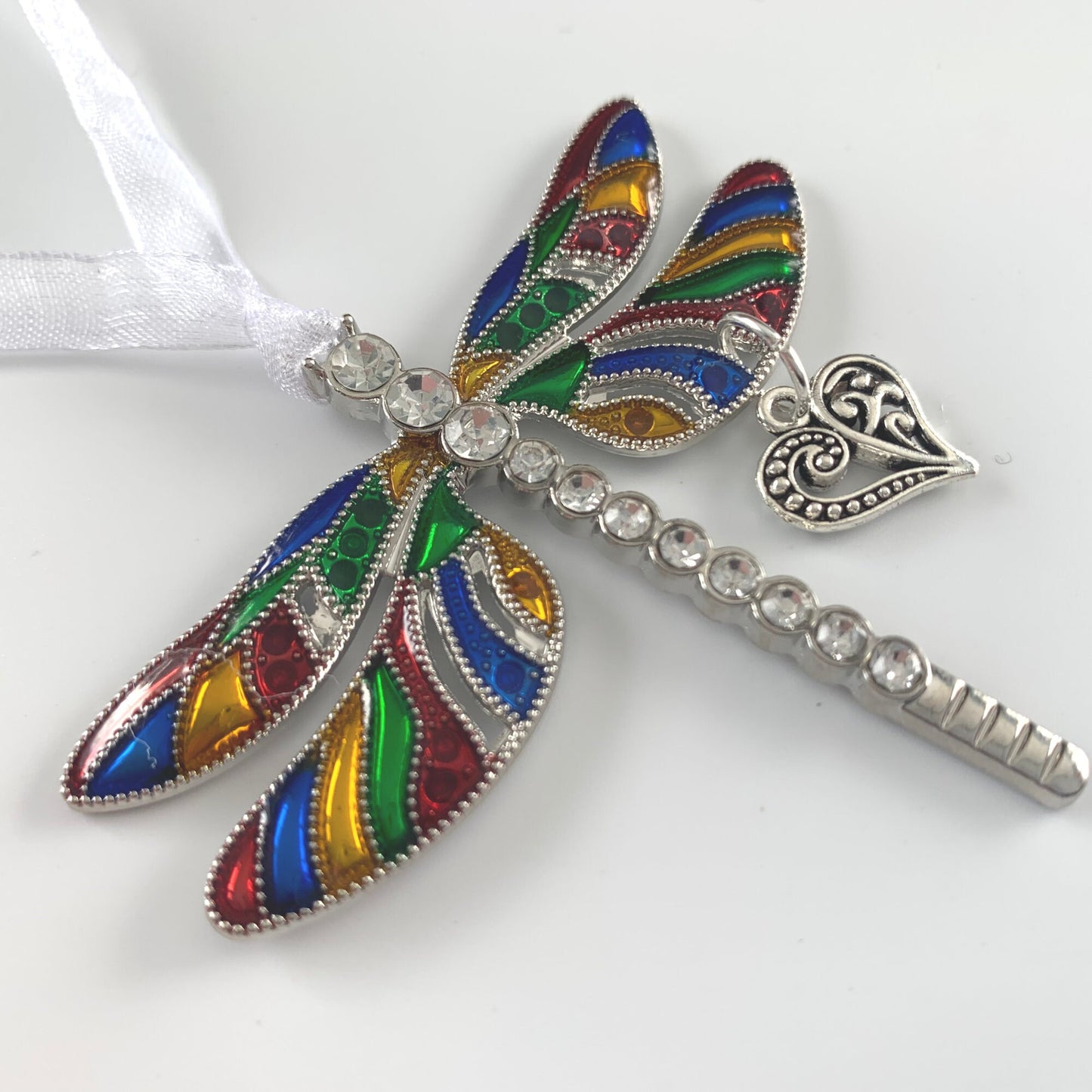 Rainbow  Dragonfly Heart Pendant