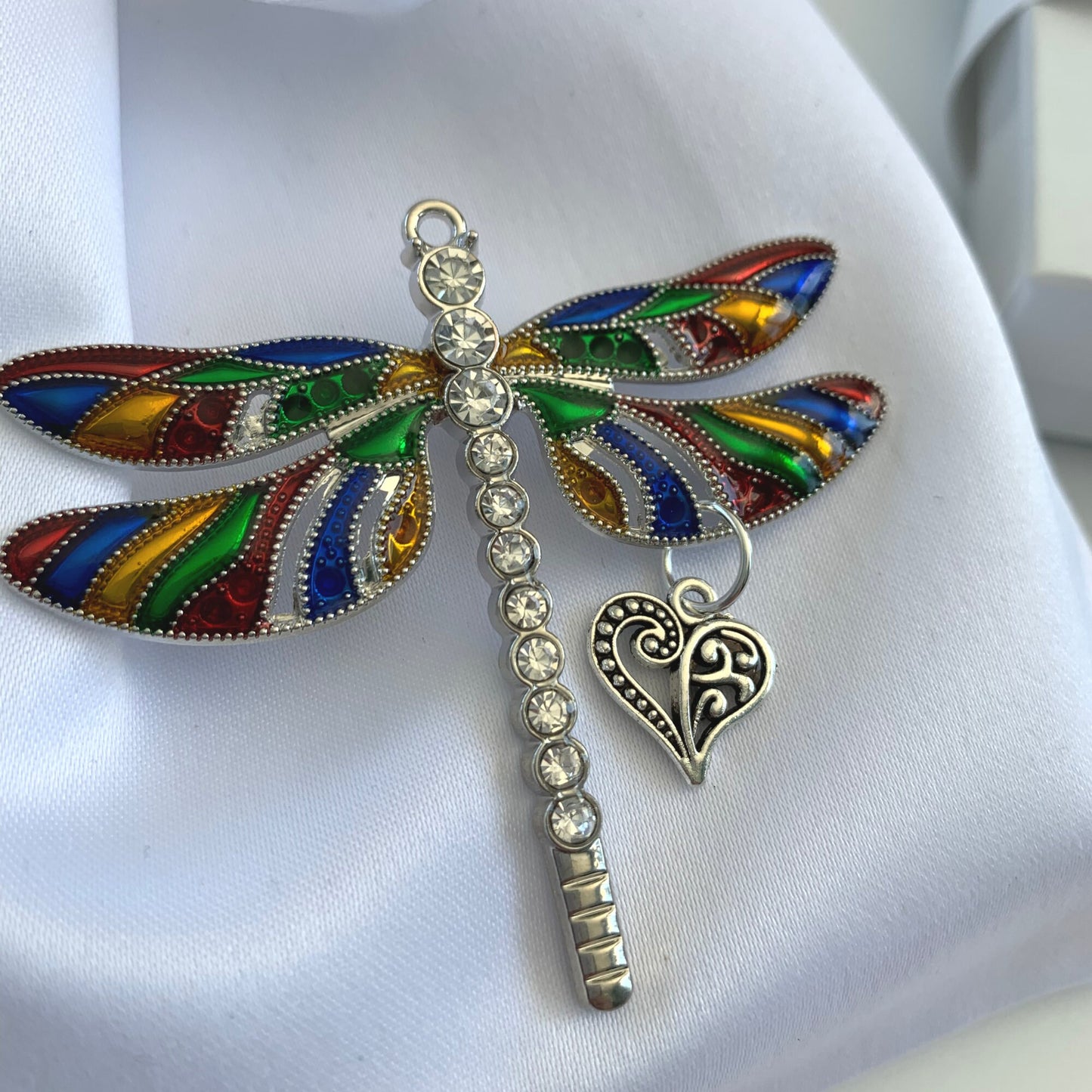 Rainbow  Dragonfly Heart Pendant