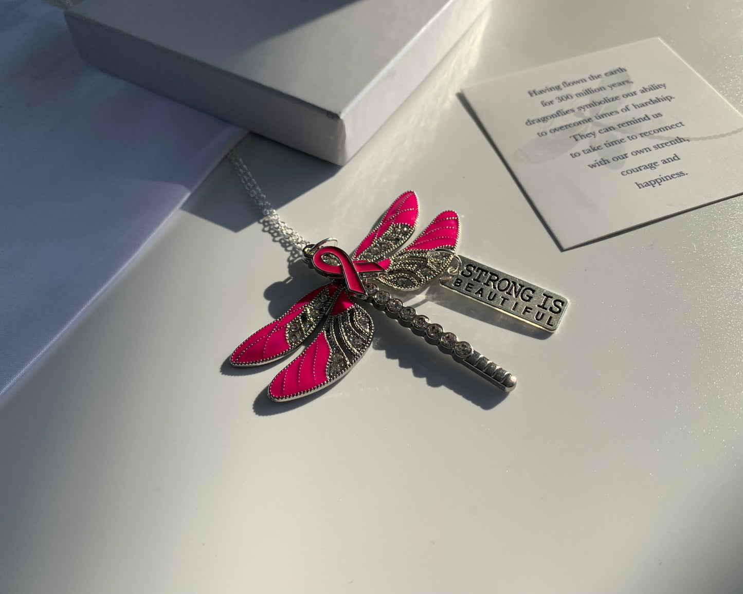 Pink Dragonfly Awareness Pendant,  Strong is Beautiful Memorial Ornament, Breast Cancer Keychain, Rear View Mirror Accessory, Warrior Gift,