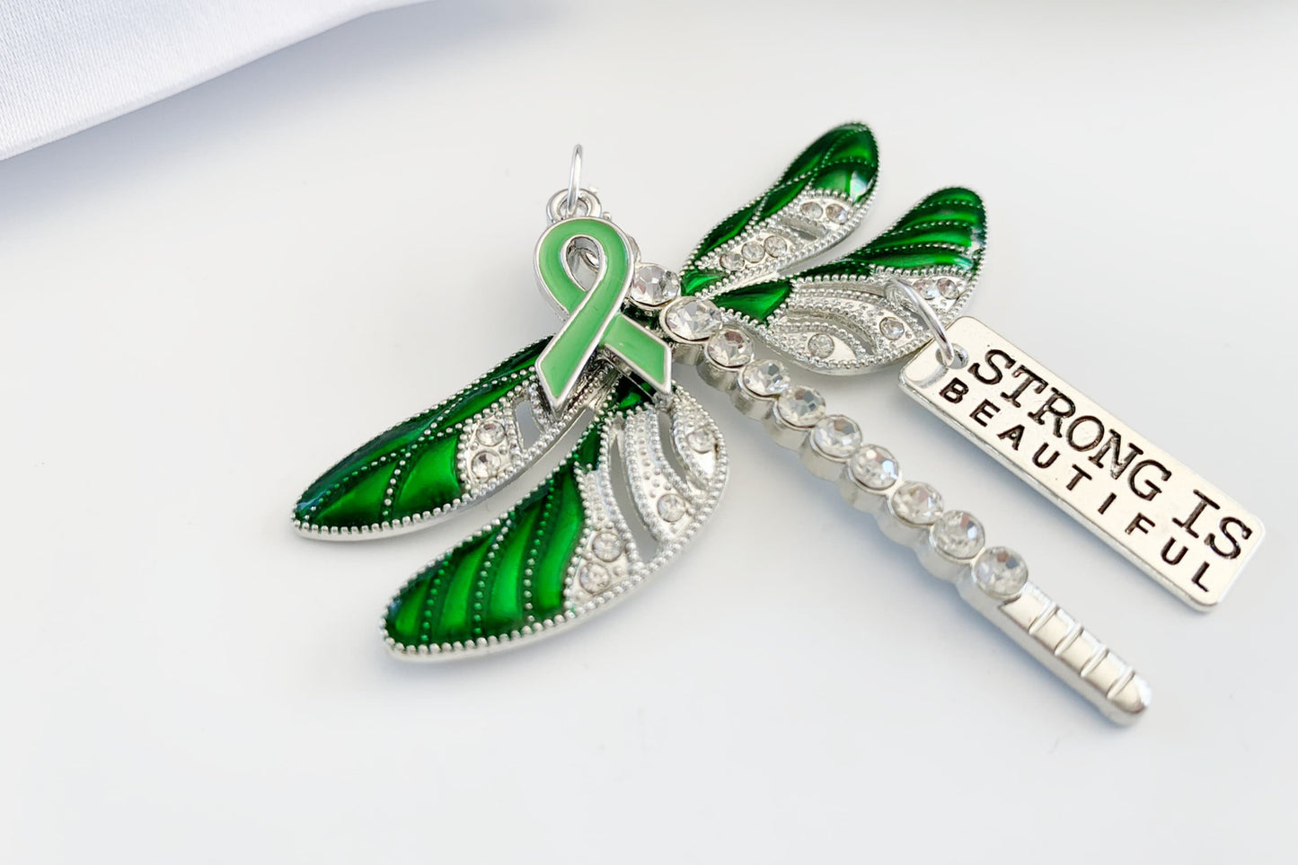 Green Dragonfly Awareness Pendant,  Strong is Beautiful