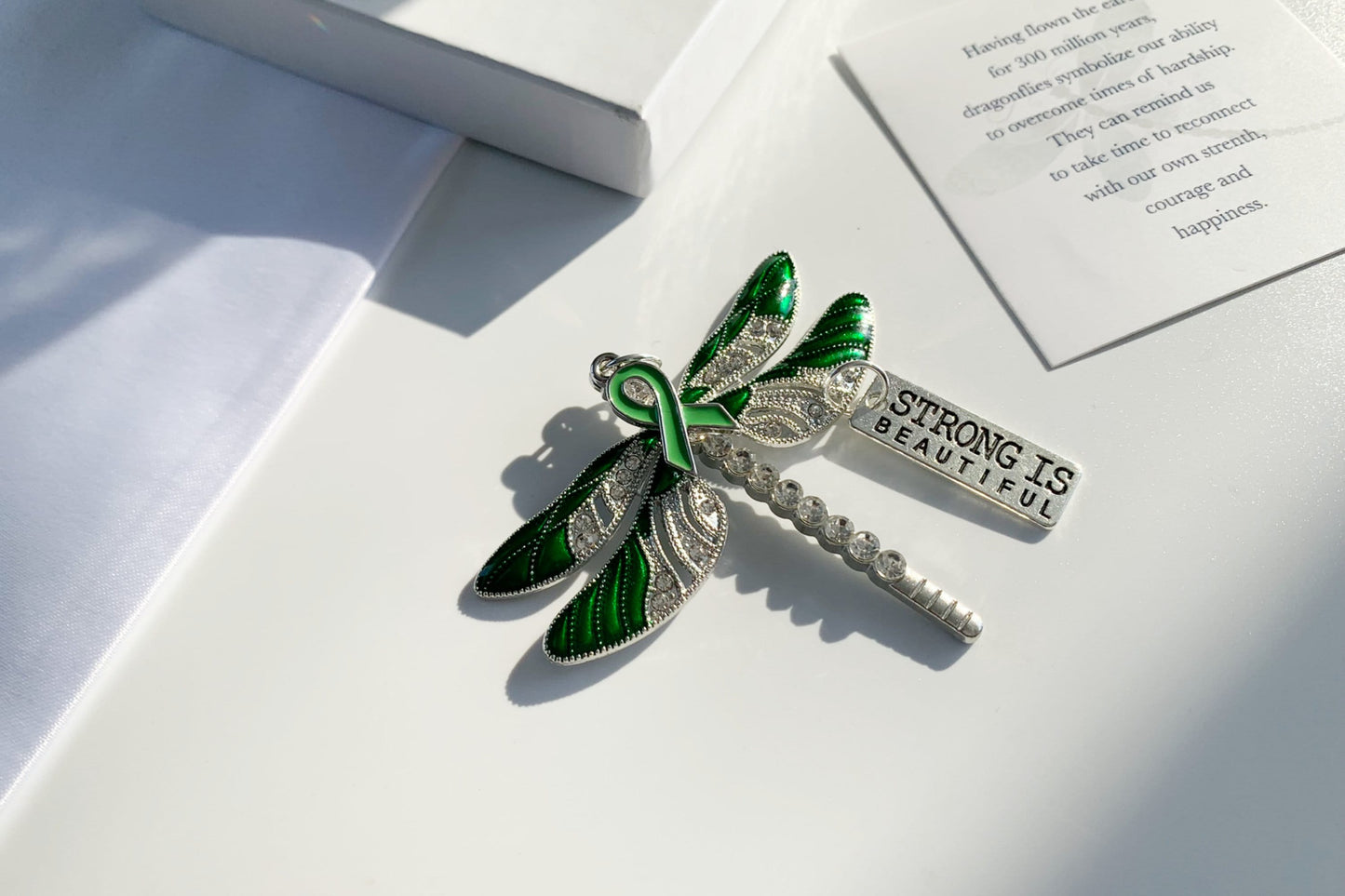 Green Dragonfly Awareness Pendant,  Strong is Beautiful