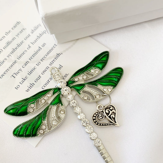 Dragonfly Heart Charm Pendant- Green Keepsake Ornament, Mama and mini, Mothers First Christmas, Awareness Ornament