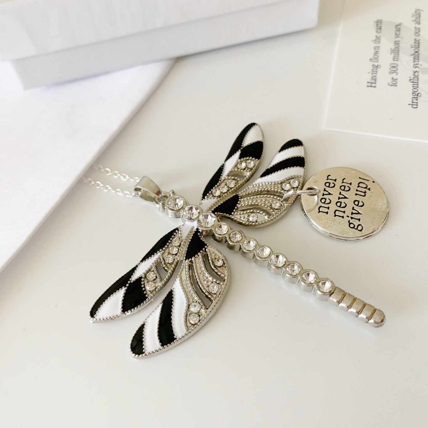 Black and White Dragonfly, Zebra Dragonfly Never Give Up Keepsake Pendant, Mama and Baby Mother's Day Gift