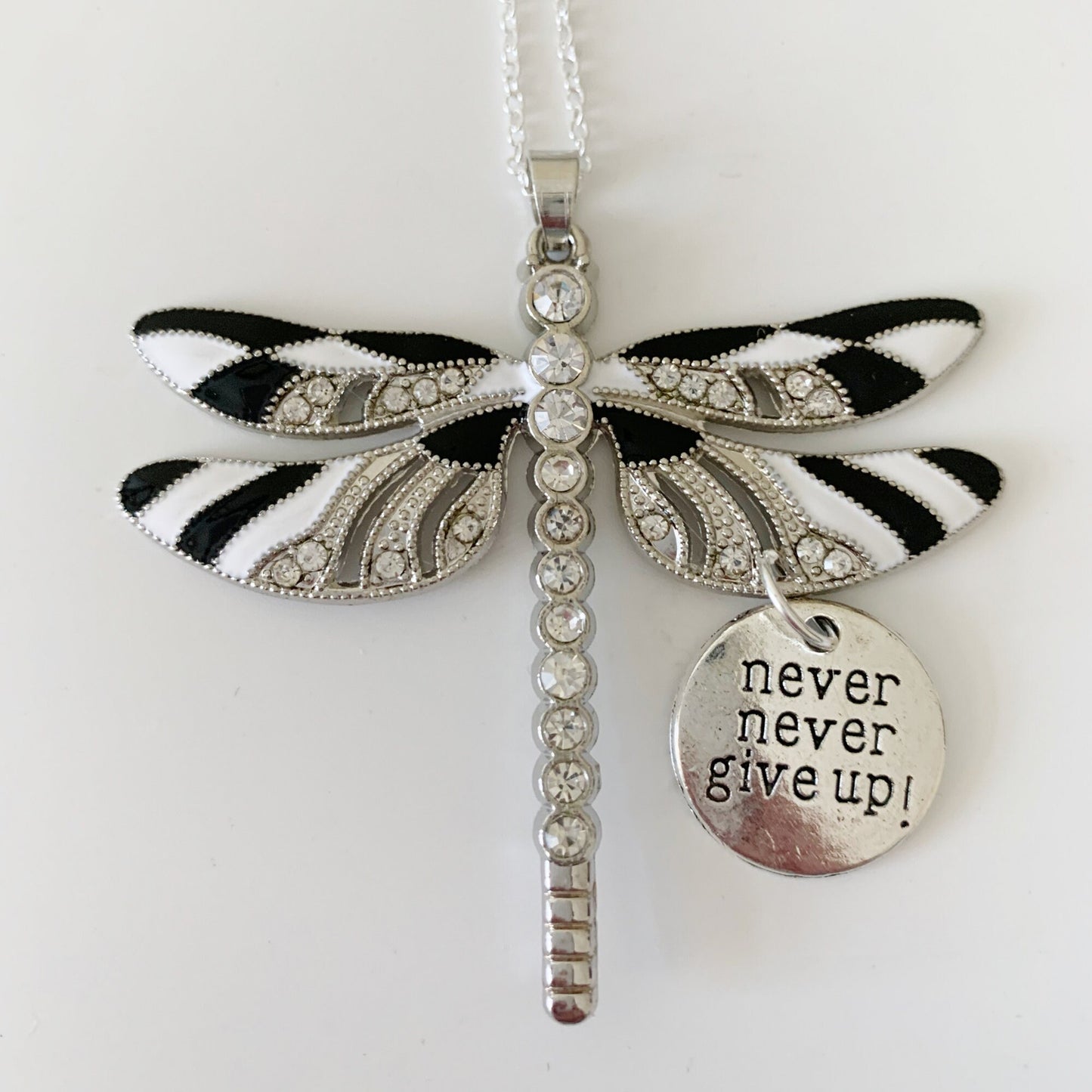 Black and White Dragonfly, Zebra Dragonfly Never Give Up Keepsake Pendant, Mama and Baby Mother's Day Gift