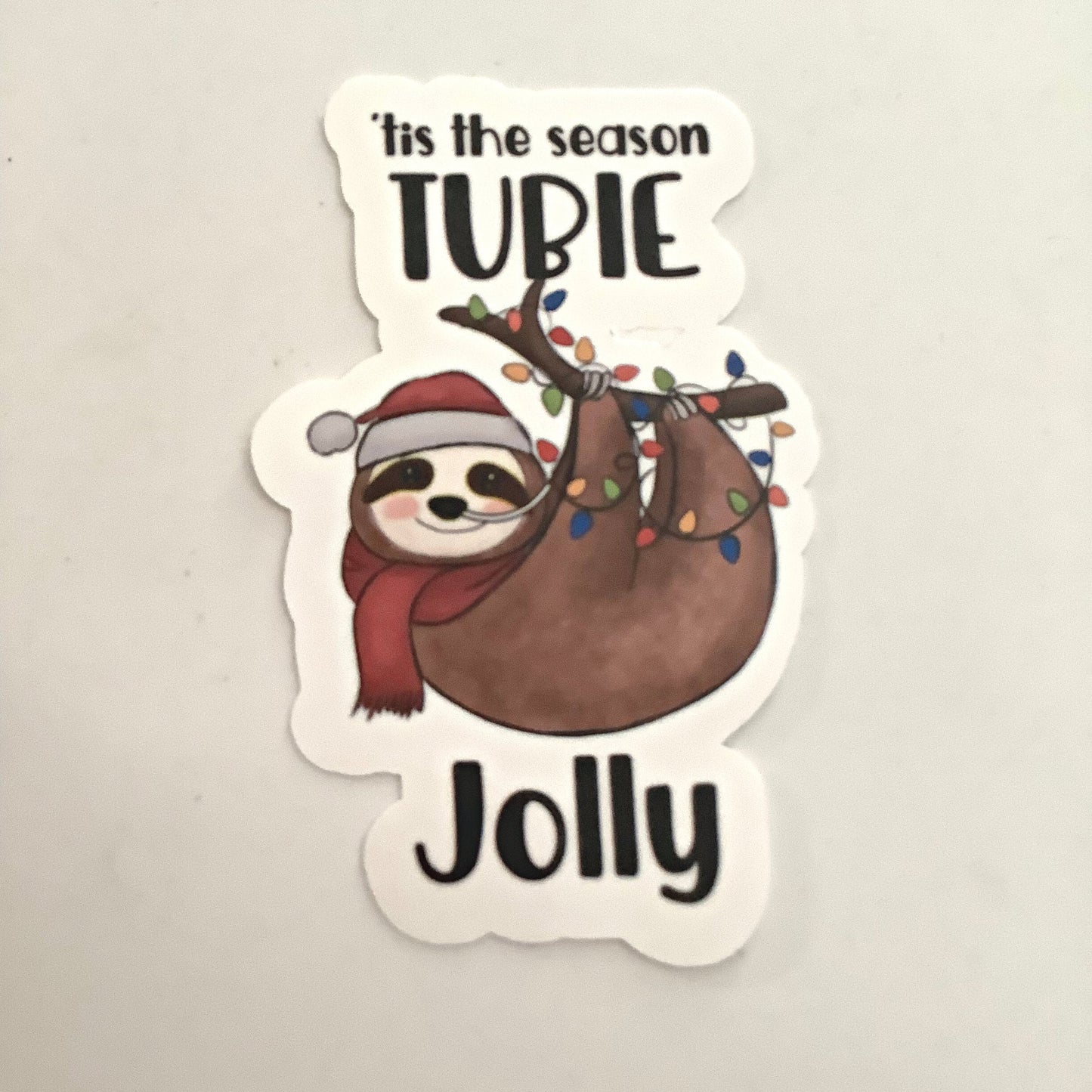 Tis the Season Tubie Jolly Cute Sloth Sticker, NG-Tube Sticker, Feeding Tube Awareness, Tubie Humour