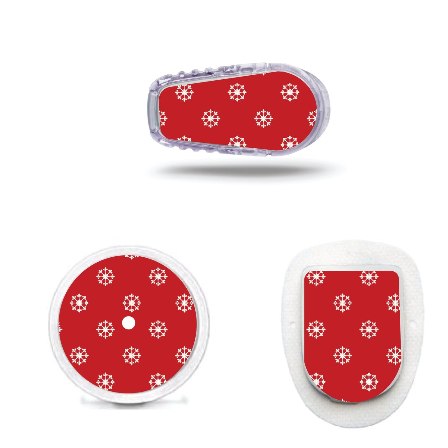 Snowflakes on Red CGM stickers for Freestyle LIbre, Dexcom, Omnipod Continuous Glucose Monitor patches and stickers