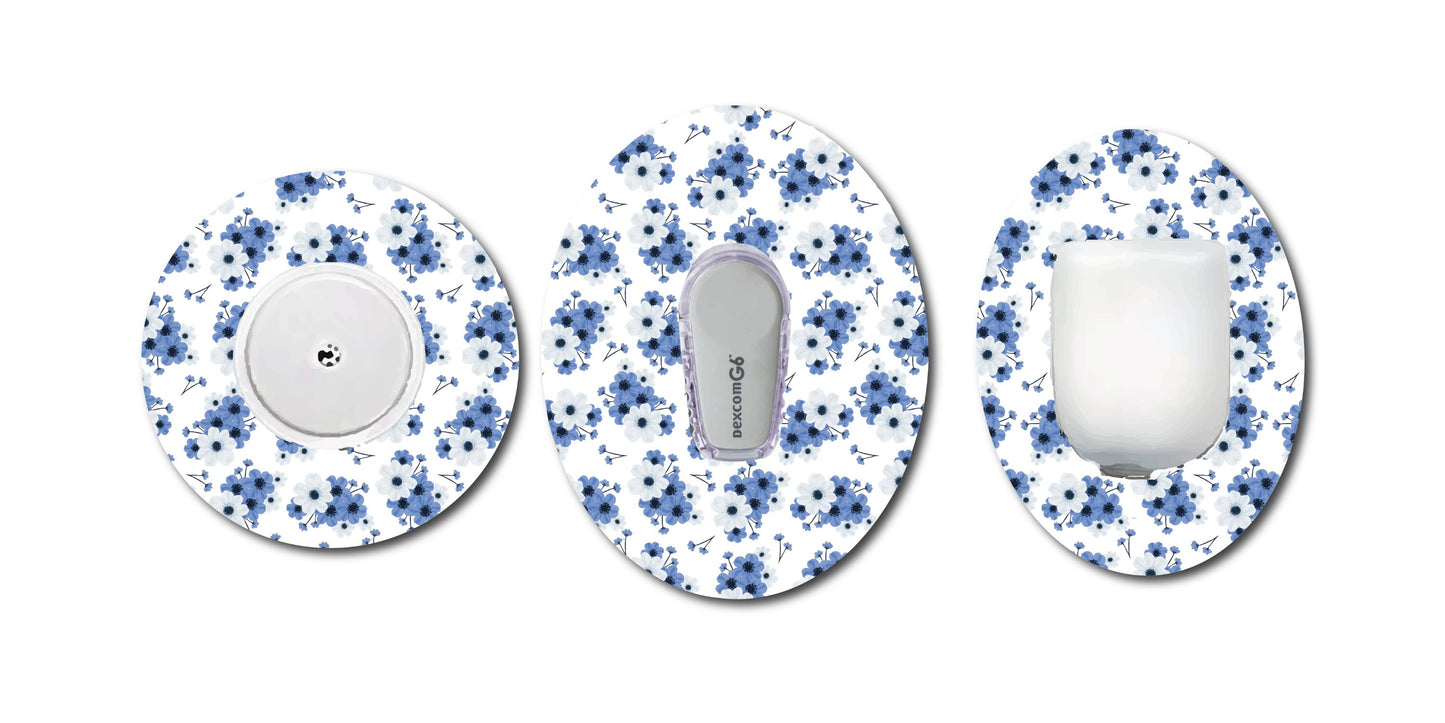 Blue Flowers CGM patch for Freestyle LIbre, Dexcom, Omnipod Continuous Glucose Monitor patches and stickers