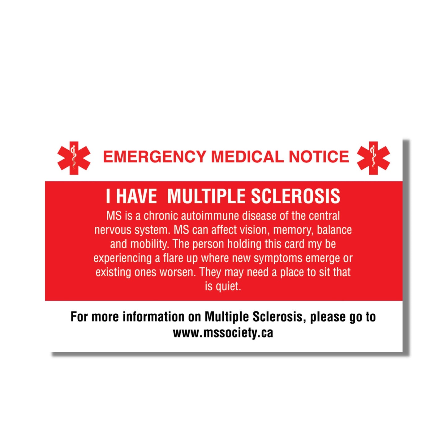 Emergency Medical Card Multiple Sclerosis Medic Alert Card, Rare Disease Awareness