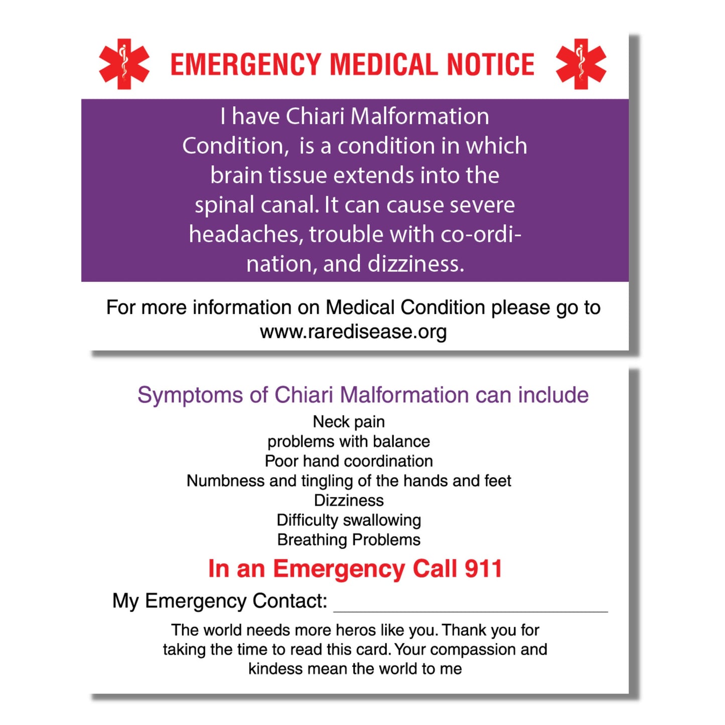 Emergency Medical Card Chiari Malformation Medic Alert Card, Rare Disease Awareness