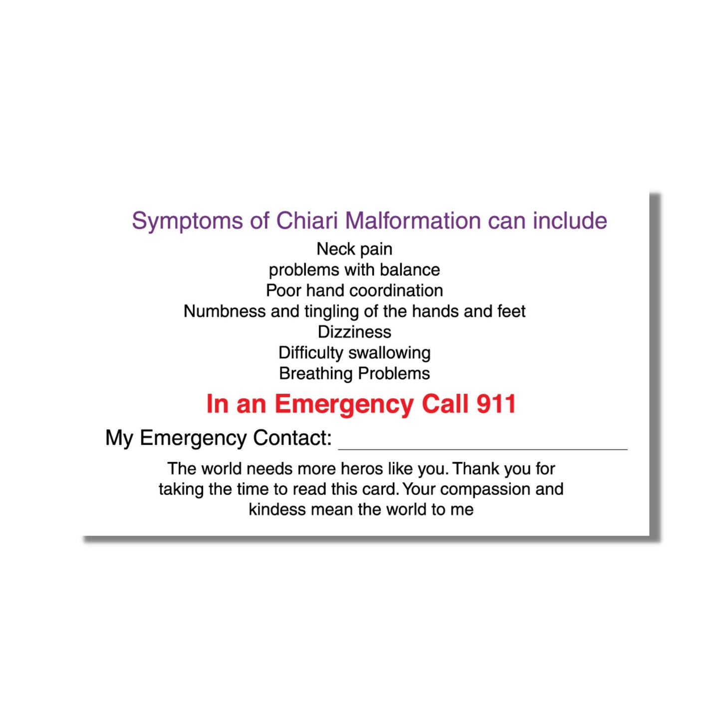 Emergency Medical Card Chiari Malformation Medic Alert Card, Rare Disease Awareness