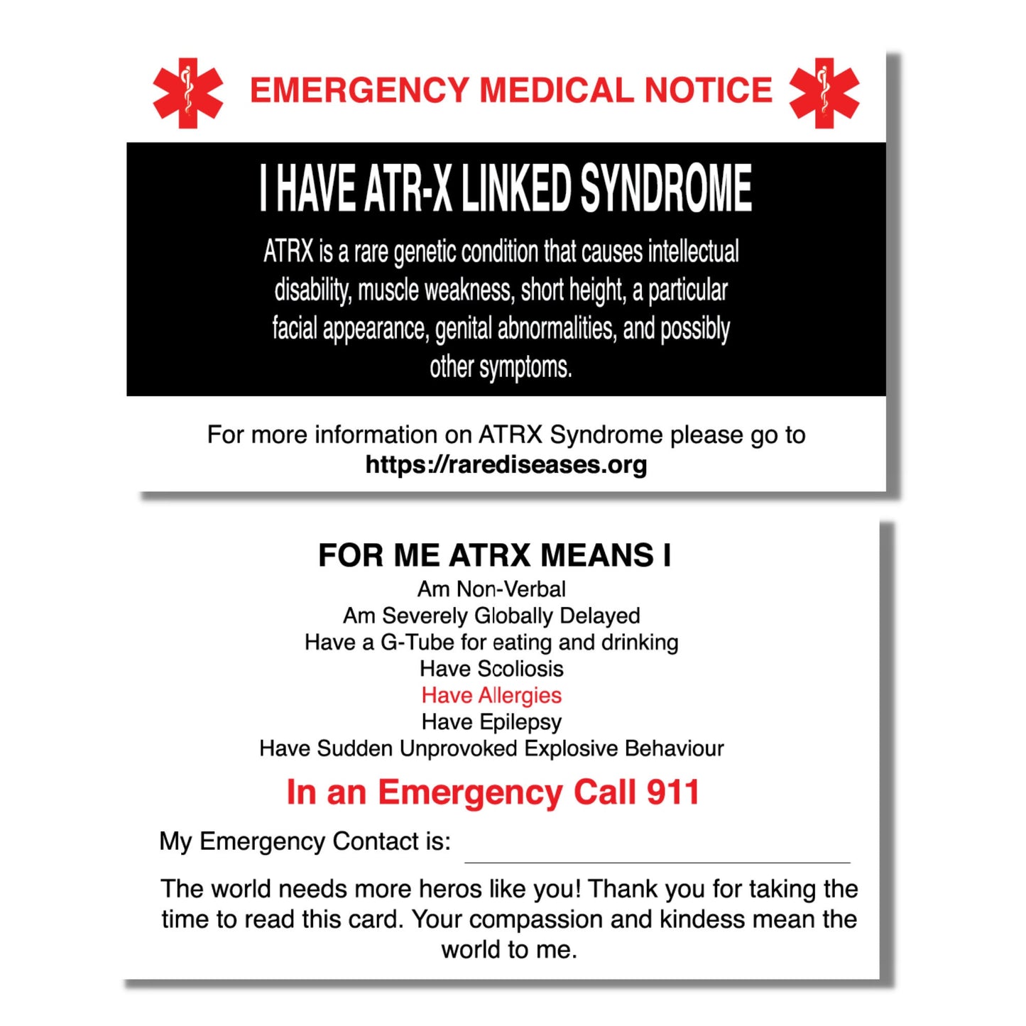 Emergency Medical Card ATRX-Syndrome Medic Alert Card, Rare Disease Awareness