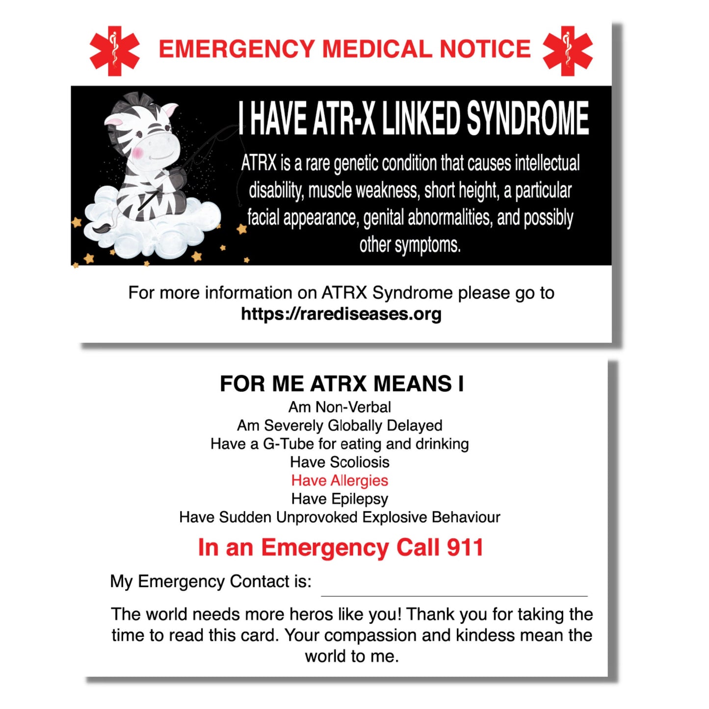 Emergency Medical Card ATRX-Syndrome Medic Alert Card, Rare Disease Awareness