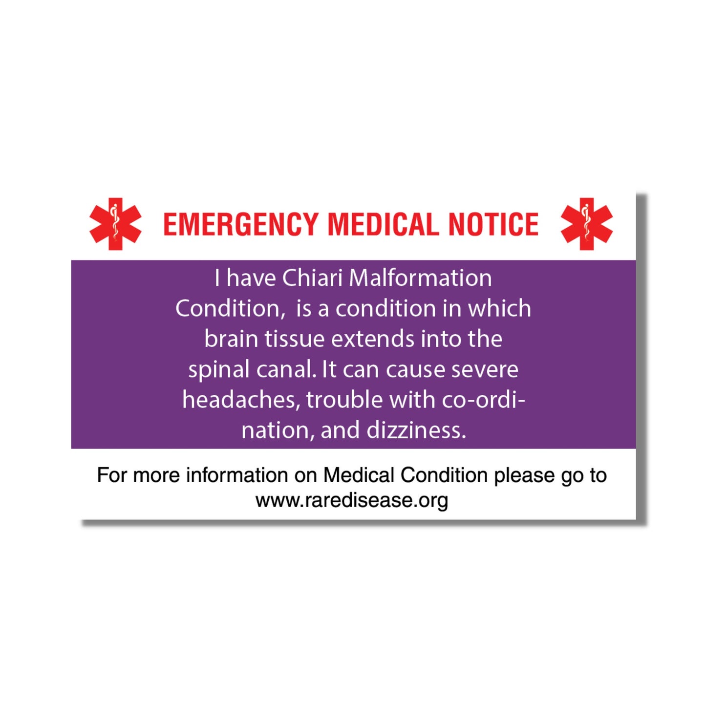 Emergency Medical Card Chiari Malformation Medic Alert Card, Rare Disease Awareness