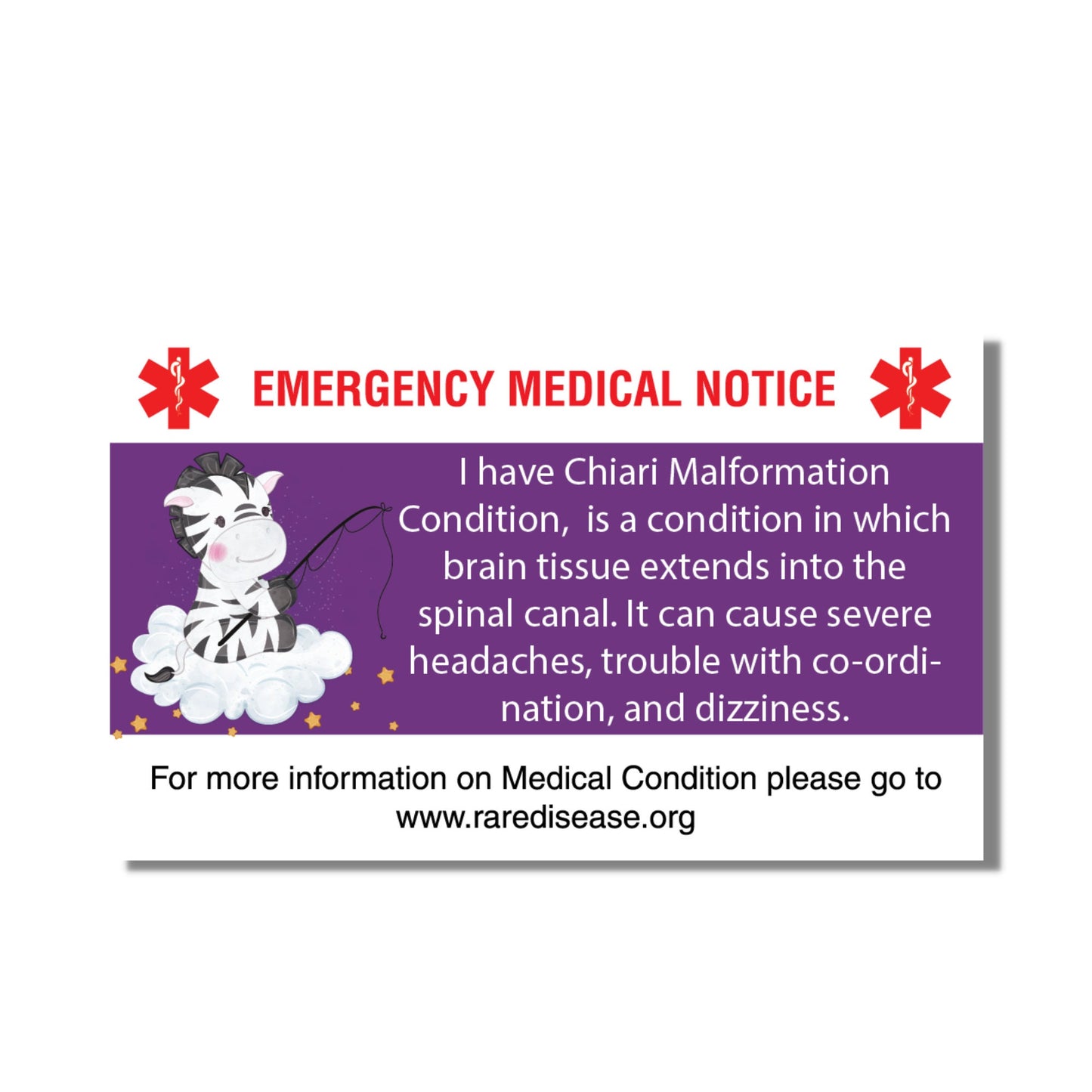 Emergency Medical Card Chiari Malformation Medic Alert Card, Rare Disease Awareness