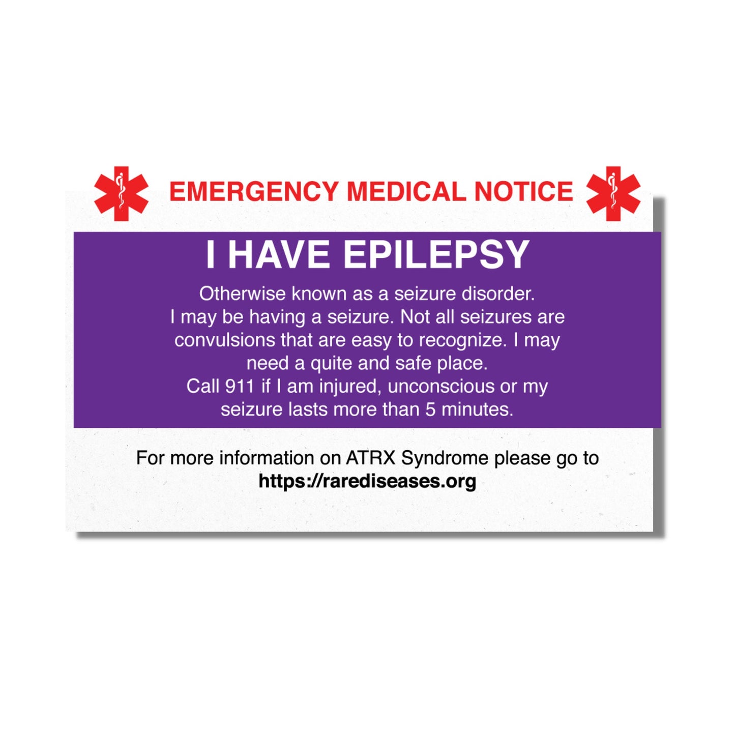 Emergency Medical Card Epilepsy Medic Alert Card, Rare Disease Awareness